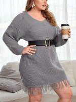 Regular Fit Casual Grey Fringe Plus Size Knitwear 3262