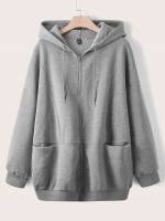 Grey Plain Long Plus Size Sweatshirts 9611