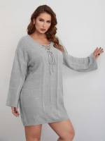 Plain V neck Long Sleeve Regular Fit Plus Size Knitwear 4961