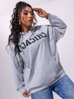 Letter Drawstring Long Sleeve Grey Plus Size Sweatshirts 669