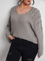 Scoop Neck Long Sleeve Regular Fit Plus Size Knitwear 9885