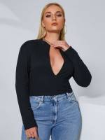 Plain Zipper Crop Deep V Neck Women Plus Clothing 3831