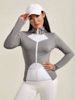 Hooded Grey Long Sleeve Zipper Women Activewear 2966