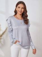 Long Sleeve Grey Casual Ruffle Women T-Shirts 983