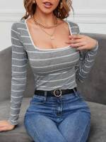 Striped Square Neck Regular Long Sleeve Women Tops, Blouses  Tee 583