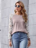 Contrast Lace Boat Neck Grey Regular Fit Women Clothing 273