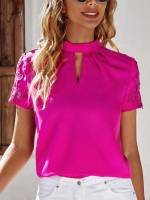 Contrast Lace Short Sleeve Plain Keyhole Neckline Women Tops, Blouses  Tee 7121