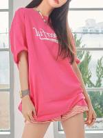 Short Sleeve Casual Hot Pink Women Tops, Blouses  Tee 619