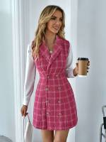 Hot Pink Plaid Sleeveless Women Outerwear 944