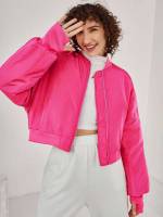 Hot Pink Plain Long Sleeve Zipper Women Jackets 2916