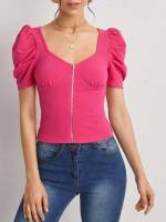 Hot Pink Slim Fit Short Sleeve Women Tops, Blouses  Tee 6493