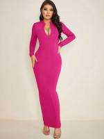 Plain Maxi Hot Pink V neck Women Dresses 8877