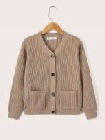  Plain V neck Khaki Boys Cardigans 3808