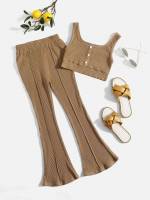 Dressy Khaki Plain Sleeveless Girls Two-piece Outfits 798