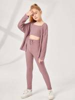 Long Sleeve Tie Front Casual Plain Girls Two-piece Outfits 8426