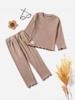 Khaki Plain Round Neck Toddler Girl Two-piece Outfits 4787