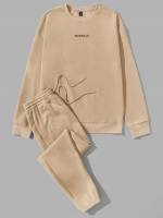 Khaki Long Sleeve Regular Fit Drawstring Men Two-piece Outfits 766