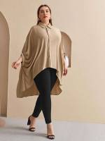  Casual Three Quarter Length Sleeve Khaki Plus Size Tops 8264