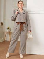 Lapel Elegant Long Sleeve Khaki Women Plus Clothing 4116