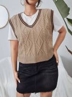 V neck Khaki Striped Plus Size Knit Tops 7