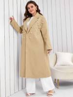  Plain Khaki Lapel Women Plus Clothing 3272