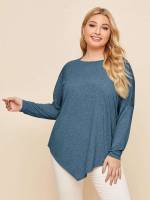 Oversized Khaki Plain Long Sleeve Plus Size T-shirts 874