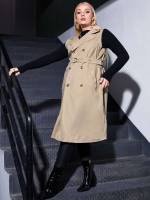 Sleeveless Lapel Midi Plain Plus Size Trench Coats 4462