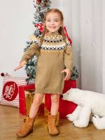 Round Neck Regular Fit Christmas Toddler Girl Sweater Dresses 53