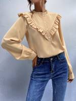 Plain Khaki Stand Collar Cute Women Clothing 4264