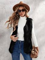 Regular Plain V neck Sleeveless Women Faux Fur Coats 2543