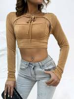 Khaki Long Sleeve Cut Out Sexy Women Tops, Blouses  Tee 3952