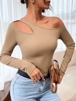 Khaki Regular Elegant Slim Fit Women T-Shirts 5589