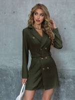 Long Sleeve Plain Khaki Elegant Women Suits 800