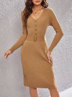 Knee Length Plain Khaki Slim Fit Women Sweater Dresses 898