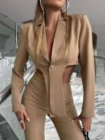 Khaki Lapel Long Sleeve Women Suit Sets 130