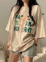  Letter Khaki Round Neck Women Tops, Blouses  Tee 303