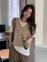 Khaki Plain V neck Women Sweater Vests 5061