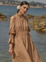 Plain Khaki Ruffle Regular Fit Women Dresses 919