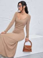 Plain Regular Fit Long Sleeve Maxi Women Sweater Dresses 8262