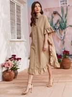 Plain Ruffle Regular Fit Long Women Clothing 713