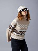 Casual Chevron Long Sleeve High Neck Women Knitwear 305