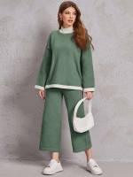 Casual Colorblock Stand Collar Women Sweater Co-ords 6702