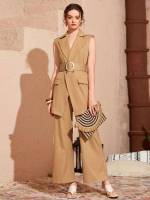  Khaki Sleeveless Double Button Women Suits 839