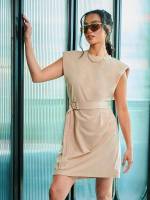 Sleeveless Short Khaki Plain Women Clothing 994