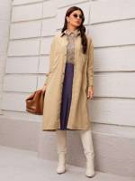 Khaki Long Sleeve Long Button Front Women Coats 163