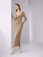 Slim Fit Long Sleeve Deep V Neck Long Women Dresses 411