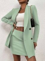 Plain Long Sleeve Khaki Shawl Collar Women Suit Sets 5872