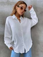 Button Front Long Sleeve Plain Collar Women Clothing 712