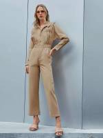 Khaki Collar Pocket Casual Women Jumpsuits 8752