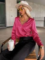 V neck  Plain Women Blouses 9442